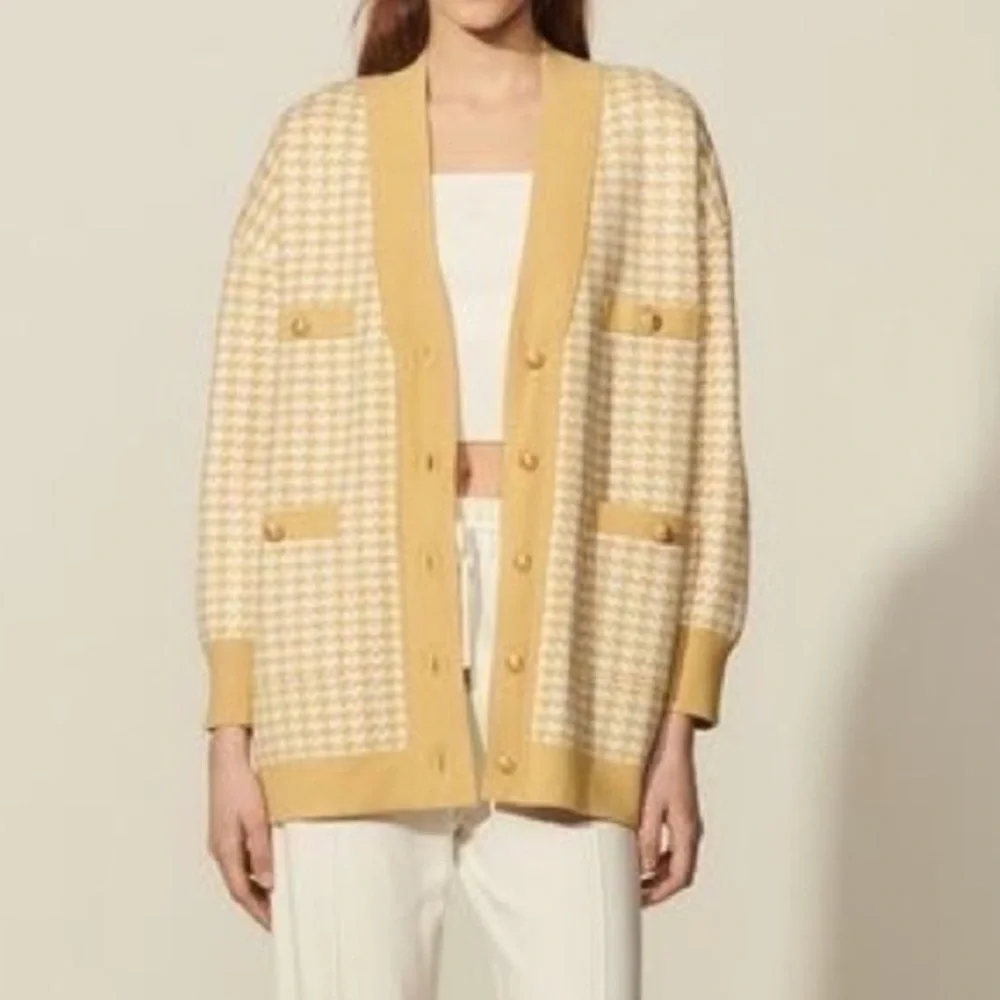Joie Mustard Checked Cardigan Sweater